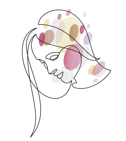 Illustration for Beautiful face of attractive woman vector linear drawing, sensitive emotional line art adult girl portrait, feminine abstract face line art. - Royalty Free Image