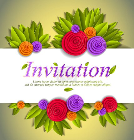 Illustration for Invitation event card with fresh green leaves and colorful flowers, wedding, anniversary, vector design made in paper cut realistic style. - Royalty Free Image