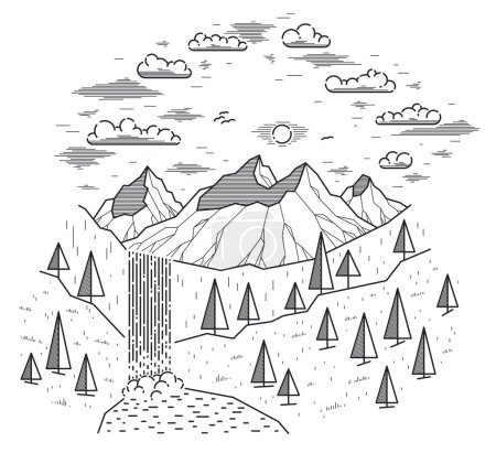 Téléchargez les illustrations : Belle cascade de haute montagne chaîne vectorielle illustration isolé sur blanc, beauté dans la nature thème, randonnée camping et voyage thème ligne art dessin. - en licence libre de droit