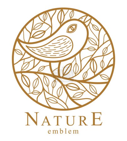 Illustration for Small cute bird among leaves round floral vintage linear logo design template for perfume or fashion or salon logo isolated on white, elegant linear graphic design of nature beauty. - Royalty Free Image