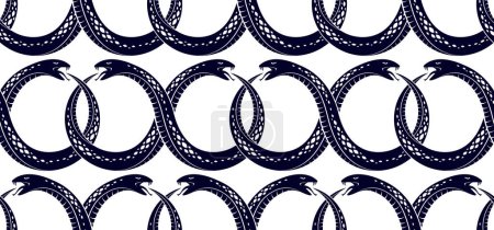 Illustration for Repeat snakes seamless vector pattern, tiling endless background with venom reptiles in vintage style, subculture rock n roll and hard rock theme. - Royalty Free Image