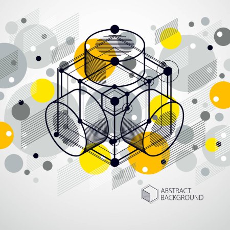 Illustration for Mechanical scheme, yellow vector engineering drawing with 3D cubes and geometric elements. Engineering technological wallpaper made with honeycombs. - Royalty Free Image