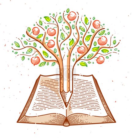 Tree with apples combined with pencil over open vintage book education or science knowledge concept, educational or scientific literature library vector logo or emblem. 