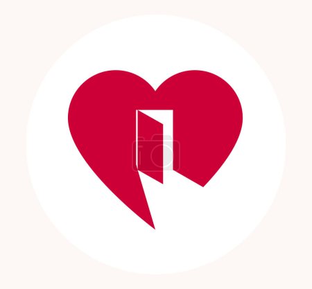 Ilustración de Corazón abierto con vector de puerta simple icono o logotipo, elemento de diseño gráfico con el concepto de estar abierto a nuevos sentimientos, ayudar a la idea de ayuda y asistencia, cuidado y familia. - Imagen libre de derechos