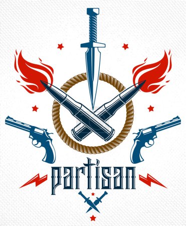 Illustration for Dagger knife and other weapons  vector emblem of Revolution and War, tattoo with lots of design elements, anarchy and chaos concept, criminal and gangster style, social tension theme. - Royalty Free Image