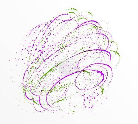 Ilustración de Partícula punteada remolino flujo vector fondo abstracto, formas de vida tema bio diseño de vórtice microscópico, elementos de puntos dinámicos en el movimiento de giro. - Imagen libre de derechos