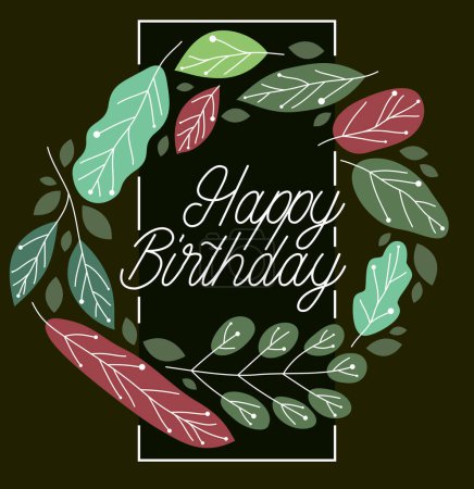 Illustration for Greeting card with fresh green leaves wreath vector flat drawing over dark, floral design composition mockup layout, invitation or anniversary theme, congratulations poster. - Royalty Free Image