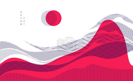 Ilustración de Fondo abstracto del vector de arte japonés oriental en color rojo, diseño de estilo tradicional, formas onduladas y paisaje de terreno montañoso, escurridizo como líneas de mar. - Imagen libre de derechos