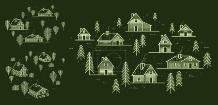 Illustration for Rural village in woods linear vector illustration on dark, wooden houses in trees forest line art drawing, countryside log cabins cottages, travel in wilderness for rest. - Royalty Free Image