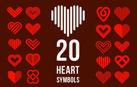 Illustration for Hearts geometric linear logos vector icons or logotypes set, love care and charity geometrical symbols collection, graphic design modern style elements. - Royalty Free Image