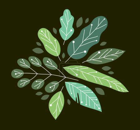 Illustration for Beautiful fresh green leaves flat style vector illustration over rark, floral composition drawing, botanical design. - Royalty Free Image