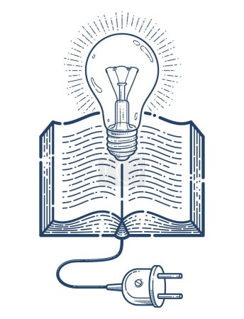 Illustration for Open book with idea light bulb and cable plug vector linear icon, education and scientific literature library reading line art symbol or logo, electronic book e-book. - Royalty Free Image