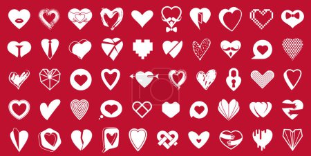 Ilustración de Colección de corazones vector logos o iconos conjunto, formas del corazón de diferentes estilos y conceptos símbolos, el amor y el cuidado, la salud y la cardiología, geométrica y baja poli. - Imagen libre de derechos