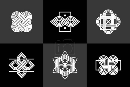 Illustration for Abstract geometric linear symbols vector set, graphic design elements for logo creation, intertwined lines vintage style icons collection. - Royalty Free Image