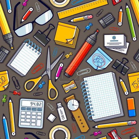 Illustration for Work office desk top view with a lot of different stationery elements seamless vector wallpaper, business job theme image with diversity objects illustrations pic. - Royalty Free Image