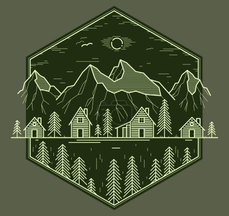 Illustration for Rural village in mountain range and pine woods linear vector emblem on dark, wooden houses in trees forest line art drawing, countryside log cabins cottages, travel in wilderness for rest logo. - Royalty Free Image