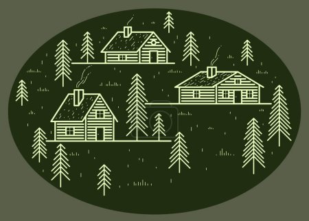 Illustration for Rural village in woods linear vector illustration on dark, wooden houses in trees forest line art drawing, countryside log cabins cottages, travel in wilderness for rest. - Royalty Free Image