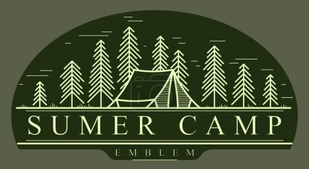 Illustration for Camping tent in pine forest vector linear emblem on dark, holidays and vacations in woods theme line art drawing, design wanderlust logo. - Royalty Free Image
