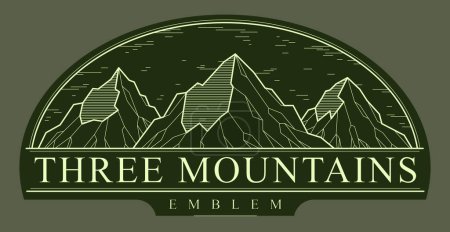 Illustration for Mountain peaks line art vector emblem on dark, linear illustration of mountains range wild nature landscape, outdoor hiking camping ant travel logo. - Royalty Free Image