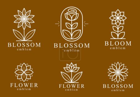 Illustration for Flower in geometric linear style vector emblems set, blossoming flower hotel or boutique or jewelry logos collection, sacred geometry design elements. - Royalty Free Image