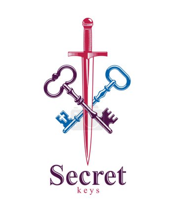 Illustration for Crossed keys and dagger vector symbol emblem, turnkeys and sword, protected secrets, secured power, ancient vintage logo or emblem. - Royalty Free Image