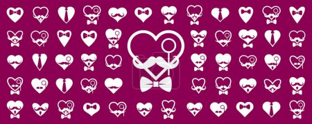 Illustration for Gentleman hearts vector icons or logos set, heart shapes with ties mustaches and glasses symbols collection, man club, male style and fashion. - Royalty Free Image