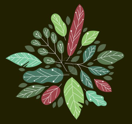 Illustration for Beautiful fresh green leaves flat style vector illustration over rark, floral composition drawing, botanical design. - Royalty Free Image
