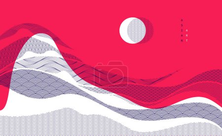 Téléchargez les illustrations : Fond vectoriel d'art oriental japonais abstrait en couleur rouge, design de style traditionnel, formes ondulées et paysage de terrain de montagne, lignes de mer coulantes comme. - en licence libre de droit