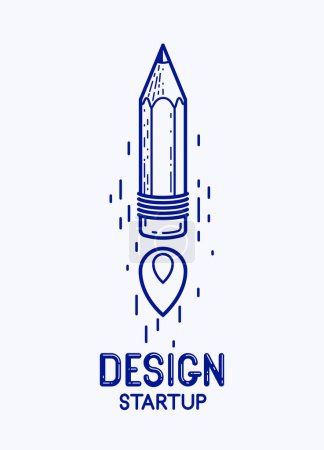 Téléchargez les illustrations : Crayon lancé comme une fusée de démarrage, créateur de génie énergétique artiste ou designer, vecteur de conception et de créativité logo ou icône, démarrage d'art. - en licence libre de droit