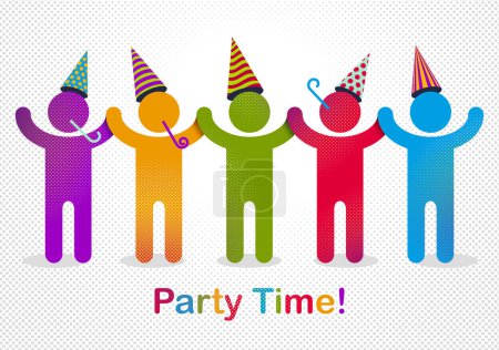 Illustration for Celebrating people vector concept simple illustration or icon, celebration anniversary or holiday fun, group of cheerful happy people having fun at party. - Royalty Free Image
