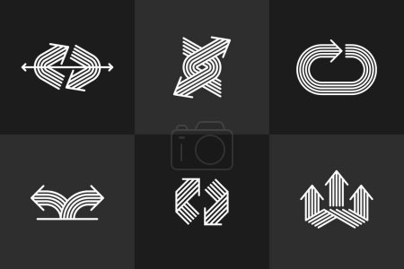 Téléchargez les illustrations : Concept arrows vector logos set isolated, double arrows symbol pictograms collection, stripy icon of arrow. - en licence libre de droit