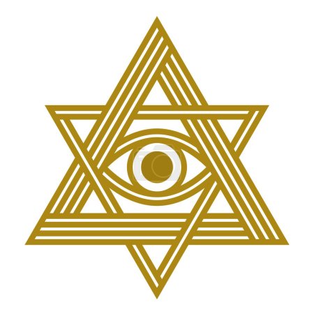 Illustration for All seeing eye in star of David vector ancient symbol in modern linear style isolated on white, eye of god, masonic sign, secret knowledge illuminati. - Royalty Free Image