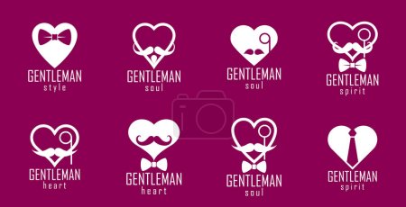 Illustration for Gentleman hearts vector icons or logos set, heart shapes with ties mustaches and glasses symbols collection, man club, male style and fashion. - Royalty Free Image