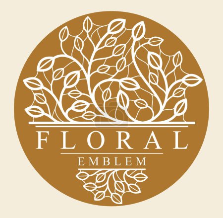 Illustration for Luxury classic style elegant vector floral emblem on dark background, round shape boutique or hotel logo, leaves and branches linear badge in circle. - Royalty Free Image