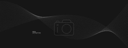 Illustration for Grey dots in motion vector abstract background over black, particles array wavy flow, curve lines of points in movement, technology and science illustration. - Royalty Free Image