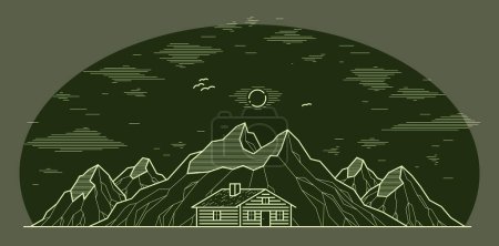 Illustration for Cabin in mountains linear vector nature illustration on dark, log cabin cottage for rest, holidays and vacations theme line art drawing, high peaks landscape. - Royalty Free Image