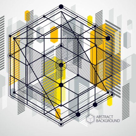Illustration for Technical blueprint, vector yellow digital background with geometric design elements, cubes. Engineering technological wallpaper made with honeycombs. - Royalty Free Image