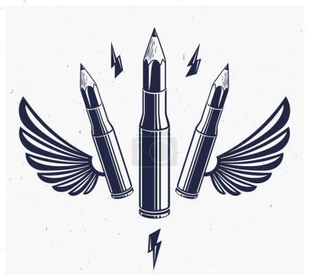 Téléchargez les illustrations : L'idée est un concept d'arme, une arme d'un designer ou d'un artiste allégorie présentée comme une cartouche d'arme à feu ailée avec des crayons au lieu d'une balle, d'un pouvoir créatif, d'un logo vectoriel ou d'une icône. - en licence libre de droit