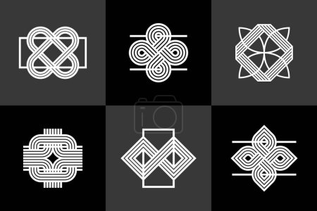 Ilustración de Graphic design elements for logo creation, intertwined lines vintage style icons collection, abstract geometric linear symbols vector set. - Imagen libre de derechos