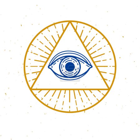 Illustration for All seeing eye of god in sacred geometry triangle, masonry and illuminati symbol, vector logo or emblem design element. - Royalty Free Image