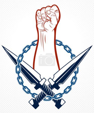 Illustration for Anarchy and Chaos aggressive emblem or logo with strong clenched fist, vector vintage style tattoo, rebel rioter partisan and revolutionary. - Royalty Free Image