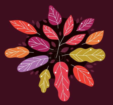 Illustration for Yellow and red autumn leaves beauty of nature vector flat illustration on dark background, fall foliage drawing composition. - Royalty Free Image