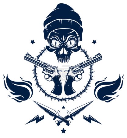 Ilustración de Anarquía y Caos emblema agresivo o logotipo con cráneo malvado, armas y diferentes elementos de diseño, vector vintage scull tatuaje, rebelde gangster criminal y revolucionario
. - Imagen libre de derechos