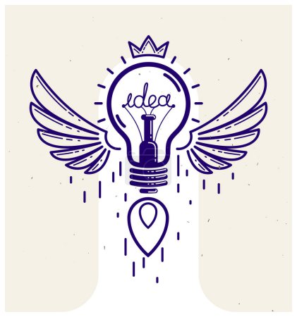 Illustration for Idea light bulb with wings launching like a rocket vector linear logo or icon, creative idea startup, science invention or research lightbulb, new business start. - Royalty Free Image