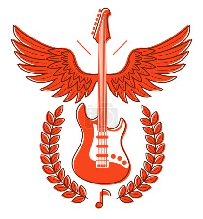 Ilustración de Guitarra eléctrica con alas emblema vectorial para festival o concierto o reproductor aislado en blanco, tema de música en vivo, logotipo para etiqueta de grabación musical, tienda de instrumentos. - Imagen libre de derechos