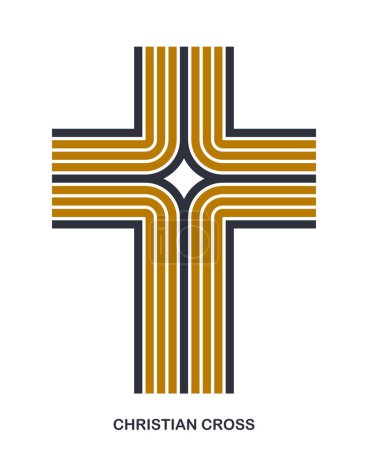 Ilustración de Cruz cristiana estilo lineal moderno vector símbolo aislado en blanco, fe y creencia crucifijo contemporáneo signo de Jesucristo diseño gráfico a rayas. - Imagen libre de derechos