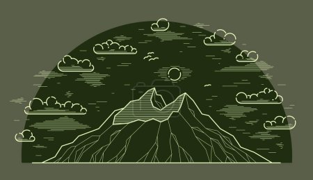 Illustration for Mountain peaks line art vector illustration on dark, linear illustration of mountains range wild nature landscape, outdoor hiking camping ant travel theme. - Royalty Free Image