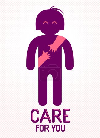 Illustration for Beloved woman with care hands of a lover or friend hugging her around from behind, vector icon logo or illustration in simplistic symbolic style. - Royalty Free Image