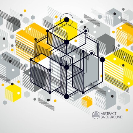 Illustration for Technical blueprint, vector yellow digital background with geometric design elements, cubes. Engineering technological wallpaper made with honeycombs. - Royalty Free Image