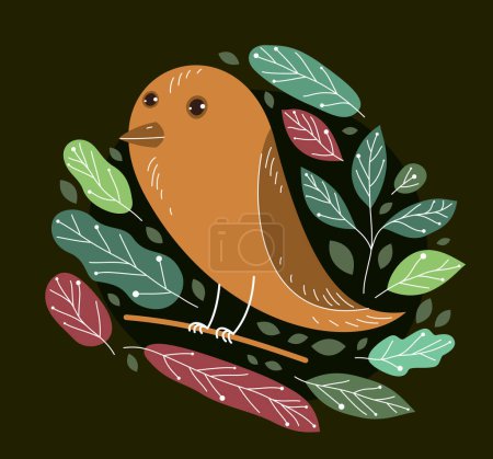 Illustration for Small cute bird on a branch surrounded by leaves vector flat style illustration on dark background, beauty of nature concept. - Royalty Free Image